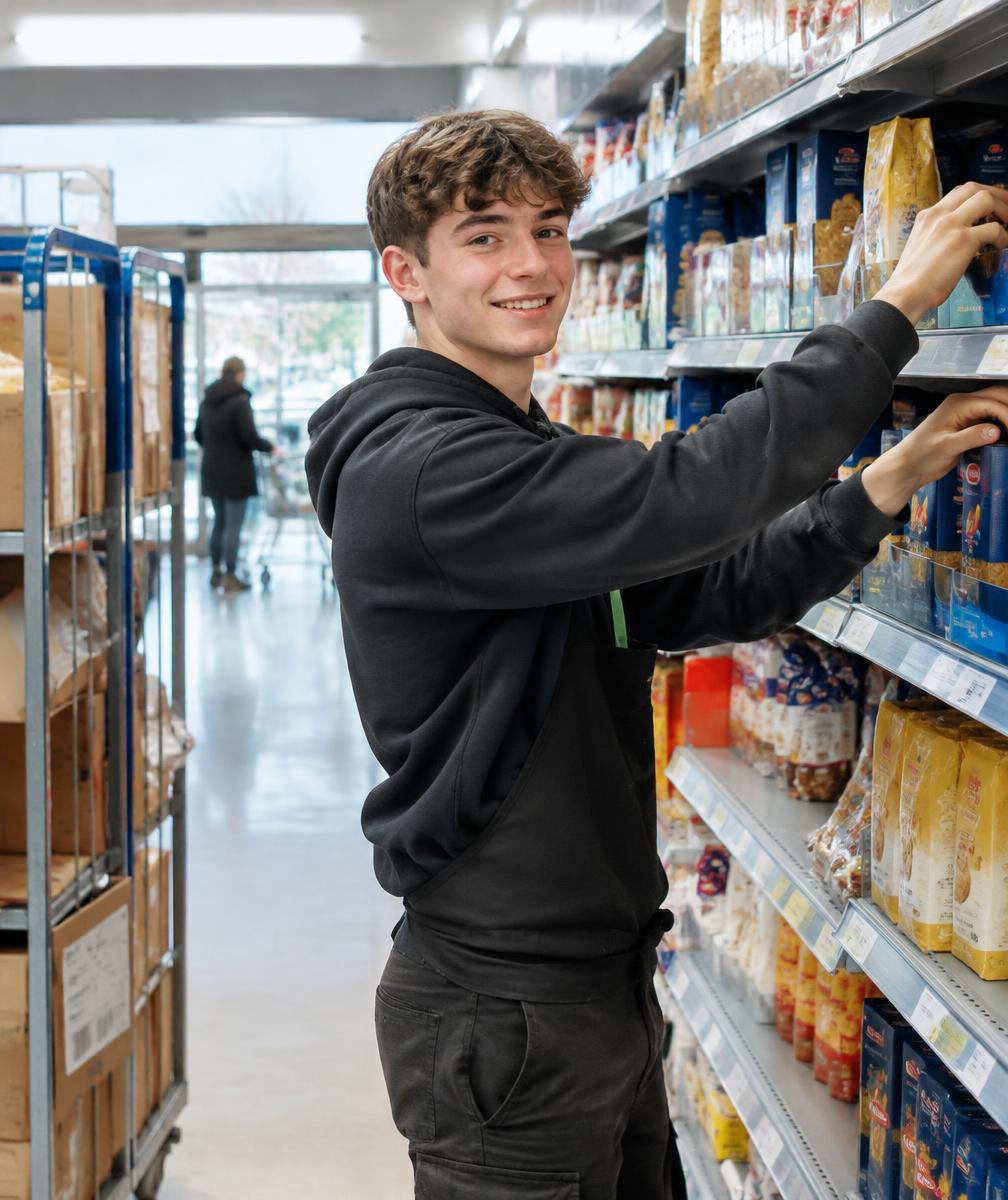 Student helpt een klant in de winkel